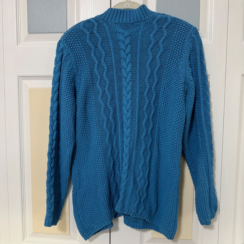 WinterSilks‎ Turquoise Blue Cable Knit Bobble Silk Cotton Blend Sweater Size L - Picture 2 of 6